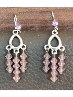Silver  Lavender Pink Crystal Earrings Hook Drop Dangle Chandelier
